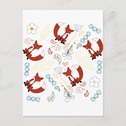 イエローブルーピンクの可愛い手描きキツネハート ポストカード (正面)