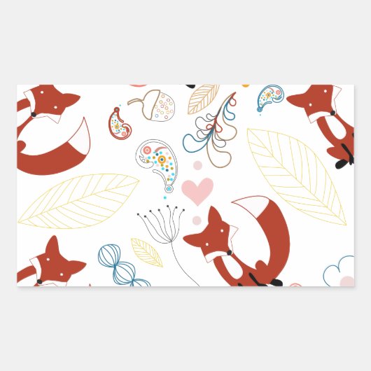 イエローブルーピンクの可愛い手描きキツネハート 長方形シール (正面)