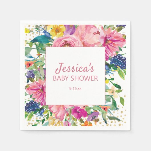 イエローブルーピンクベビーシャワー金ゴールドグリッターホワイト スタンダードカクテルナプキン (正面)