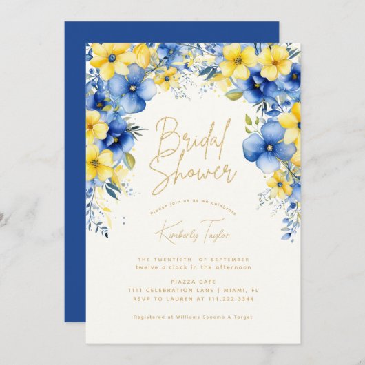 イエローブルーフローラフラワーズブライダルシャワー 招待状 (正面/裏面)