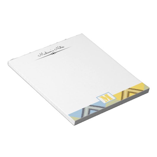 イエローブループレイドタータンチェックカスタムスクリプトモノグラム ノートパッド (アングル)