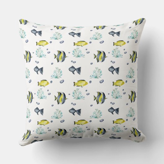 イエローブルーホワイトトロピカルフィッシュ海テーマ クッション (裏面)