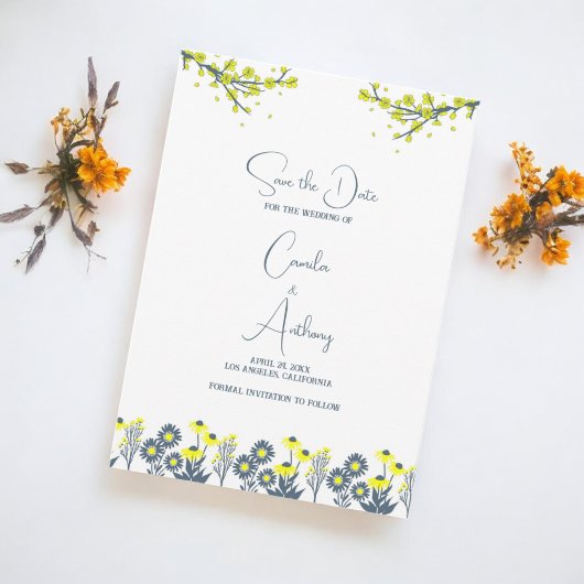 イエローブルーワイルドフラワーフローラボホ結婚ズ 招待状