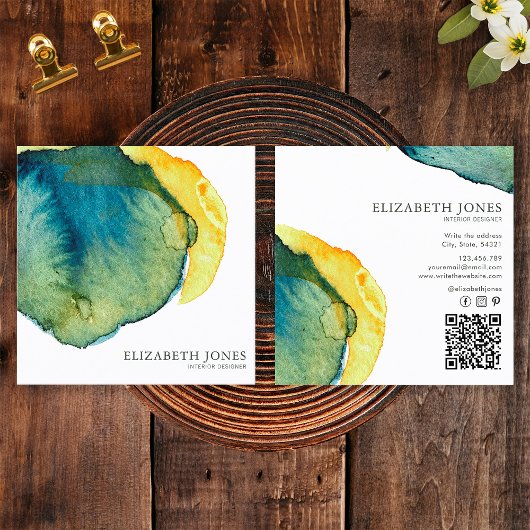 イエローブルー抽象芸術水彩インテリア設計者 スクエア名刺