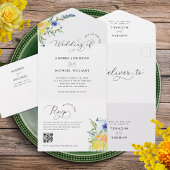 イエローブルー春ワイルドフラワーQRコード結婚ズ オールインワン招待状