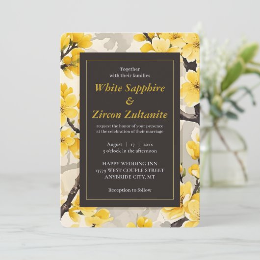 イエローブロッサムブラック結婚式招待状 招待状 (スタンド正面)