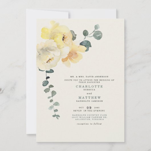 イエロープニーティール（緑がかった色）&クリーム結婚ズブライドの両親 招待状 (正面)