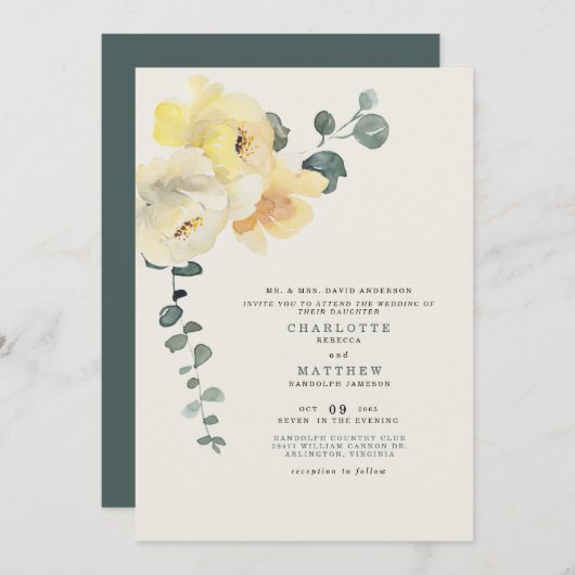 イエロープニーティール(緑がかった色)&クリーム結婚ズブライドの両親 招待状 (正面/裏面)