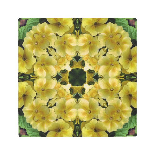 イエロープリムローズフローラ万華鏡のように千変万化するパターン抽象芸術 メタルプリント (正面)