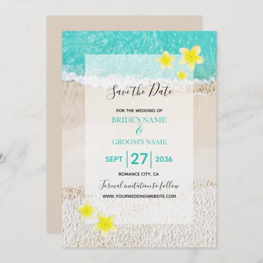 イエロープルメリアフランギパニトロピカルビーチ結婚式 セーブザデート (正面/裏面)