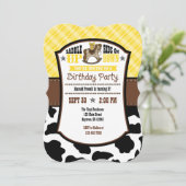 イエロープレイドコウィドカウボーイ誕生日招待状 招待状 (スタンド正面)