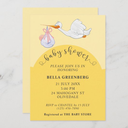 イエローベビーシャワーストーク招待状 招待状 (正面/裏面)