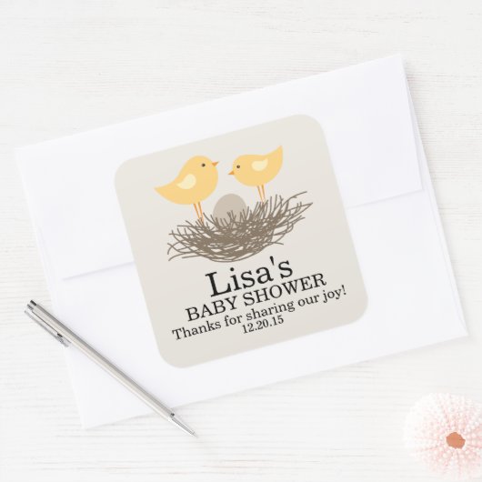イエローベビーバードズネスト |赤ちゃんシャワー スクエアシール (封筒)