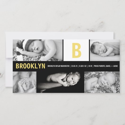 イエローベビーモノグラム5フォトコラージュモダン誕生 案内状 (正面)