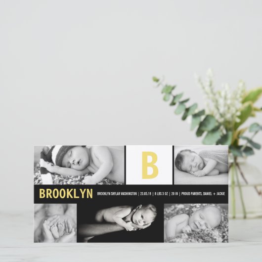 イエローベビーモノグラム5フォトコラージュモダン誕生 案内状 (スタンド正面)