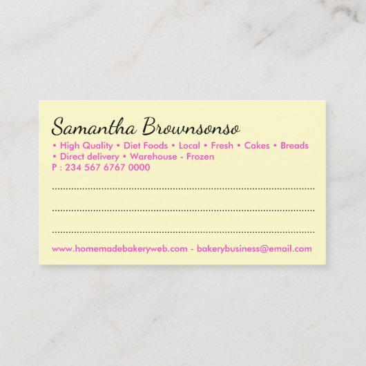 イエローベーカリーケーキペストリー調理師デリバリー 名刺 (裏面)