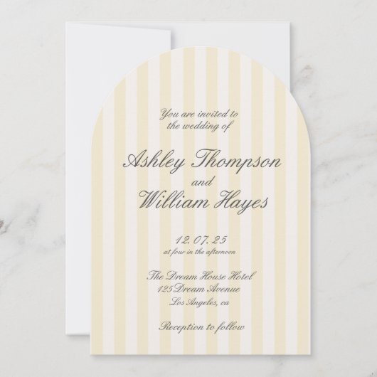 イエローベージュのクラシックなストライプ ウェディング 招待状 (正面)