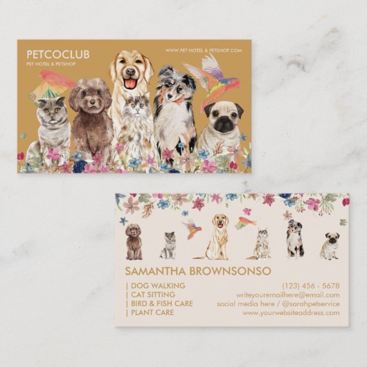 イエローベージュキャットドッグバードペット獣医 名刺 (正面/裏面)