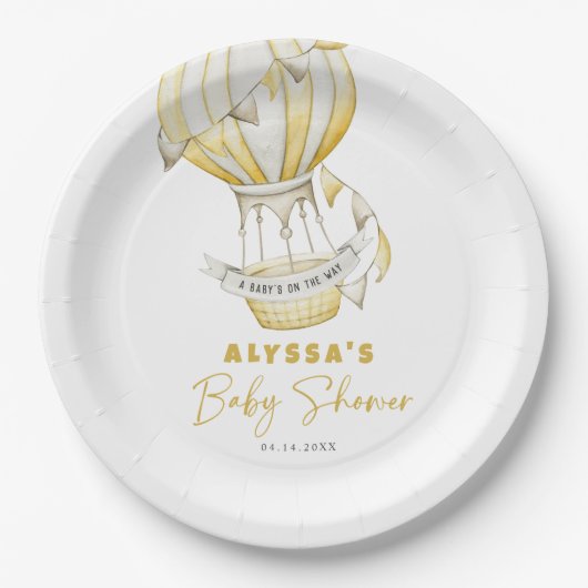 イエローホットエアバルーン赤ちゃんシャワー ペーパープレート (正面)