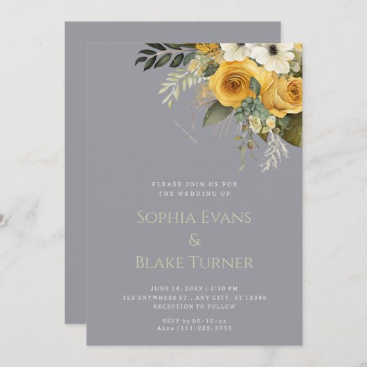 イエローホワイトとグリーンのフローラグレイ結婚ズ 招待状 (正面/裏面)