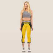 イエローホワイトとブラックレーシングストライプ名テンプレート カプリレギンス (正面)