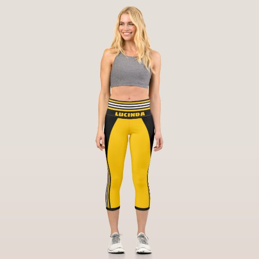 イエローホワイトとブラックレーシングストライプ名テンプレート カプリレギンス (正面)