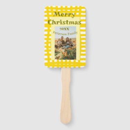 イエローホワイトのチェック柄のレトロクリスマスの休日の家族 ハンドファン