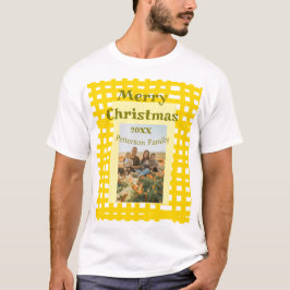 イエローホワイトのチェック柄のレトロクリスマス休日の家族  Tシャツ