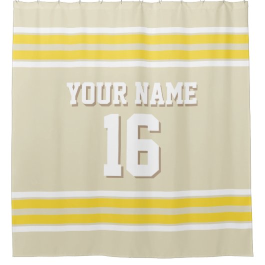イエローホワイトスストライプポーツジャージ付きベージュ シャワーカーテン (正面)