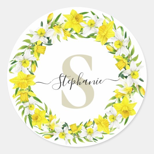 イエローホワイトダッフォディルガーランドモノグラム名 ラウンドシール (正面)