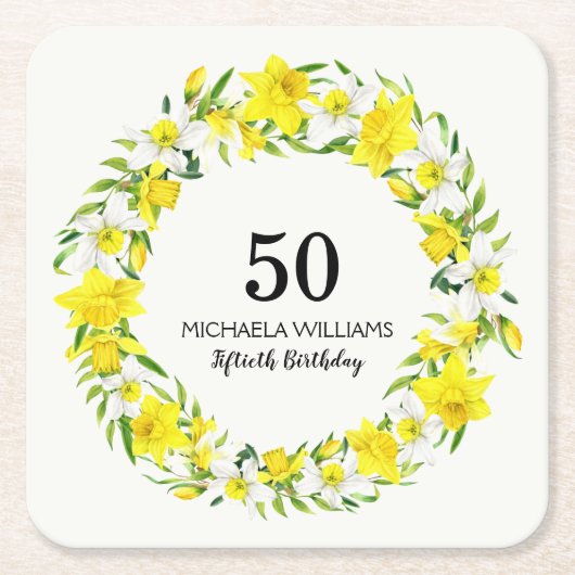 イエローホワイトダッフォディルリース50誕生日 スクエアペーパーコースター (正面)