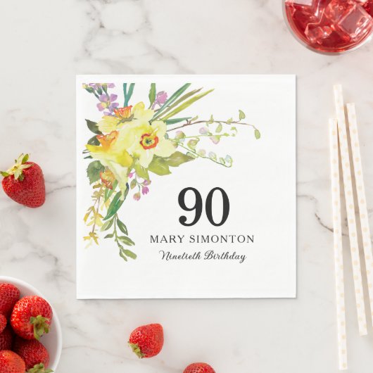 イエローホワイトダッフォディル90thバースデーパーティナプキンス スタンダードランチョンナプキン (インサイチュ)