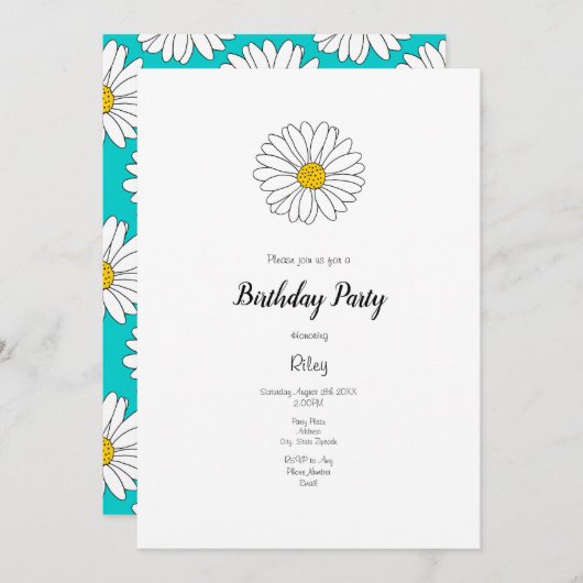 イエローホワイトデイジーイエローターコイズデイジーパターン 招待状 (正面/裏面)