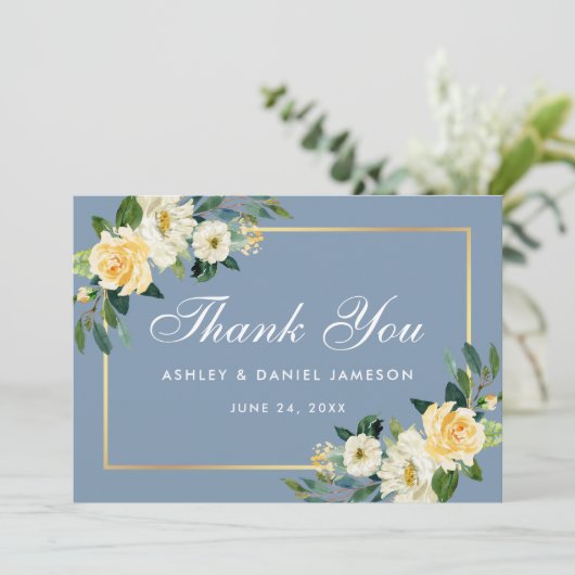 イエローホワイトフローラダスティブルー結婚ズ サンキューカード (スタンド正面)