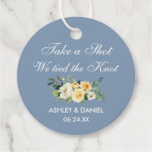 イエローホワイトフローラ結婚ズダスティブルーボトルラベル フェイバータグ (正面)