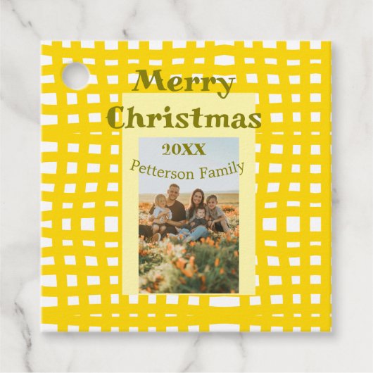 イエローホワイトプレイドレトロクリスマスホリデーファミリー フェイバータグ (正面)