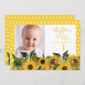 イエローホワイト水玉模様ひまわりファースト誕生日 招待状 (正面/裏面)