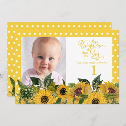 イエローホワイト水玉模様ひまわりファースト誕生日 招待状 (正面/裏面)
