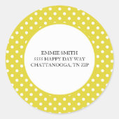 イエローホワイト水玉模様封筒アドレスのステッカー ラウンドシール (正面)