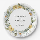 イエローホワイト花模様結婚ズ ペーパープレート (正面)