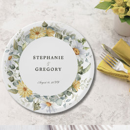 イエローホワイト花模様結婚ズ ペーパープレート