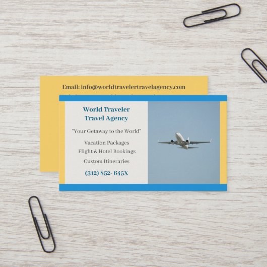 イエローホワイト飛行機代理飛行機旅行代理店 名刺 (正面/裏面インサイチュ)
