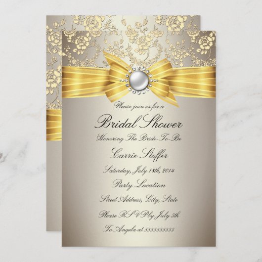 イエローボウベージュバラブライダルシャワー 招待状 (正面/裏面)