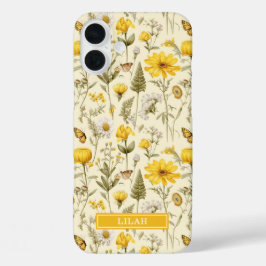 イエローボタニカルウォーターカラーフラワーネーム iPhone 16 PLUSケース