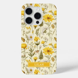 イエローボタニカルウォーターカラーフローラルネーム iPhone 15 PROケース