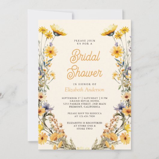イエローボホワイルドフラワー花フォトブライダルシャワー 招待状 (正面)
