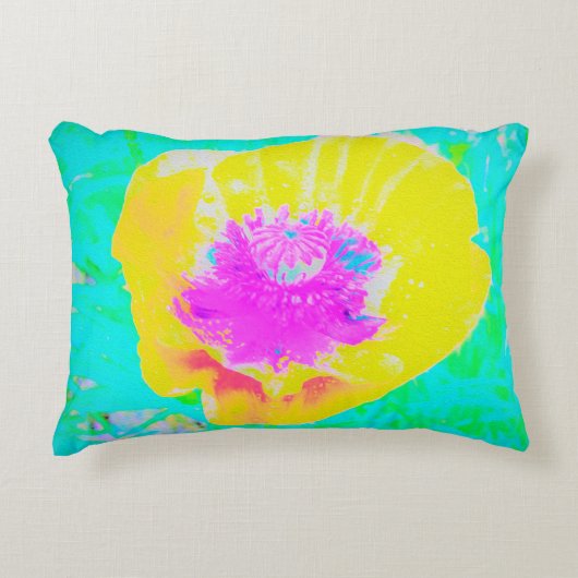 イエローポピーとホットピンクセンターターコイズ アクセントクッション (正面)