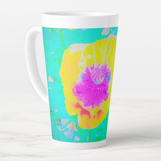 イエローポピーとホットピンクセンターターコイズ カフェラテマグ (左アングル)