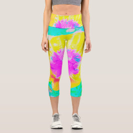 イエローポピーとホットピンクセンターターコイズ カプリレギンス