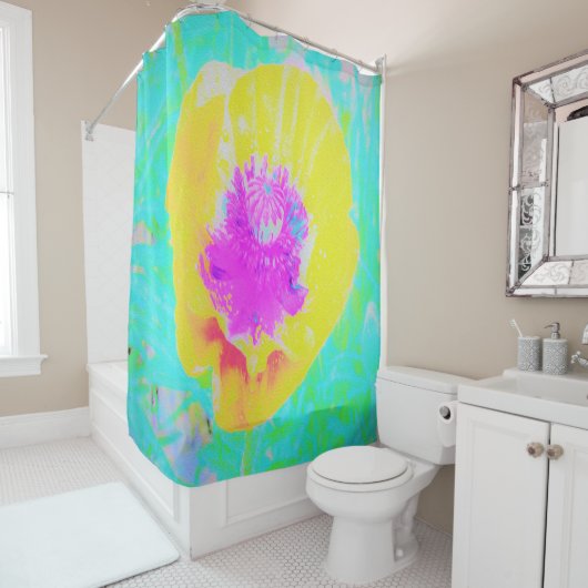 イエローポピーとホットピンクセンターターコイズ シャワーカーテン (インサイチュ)